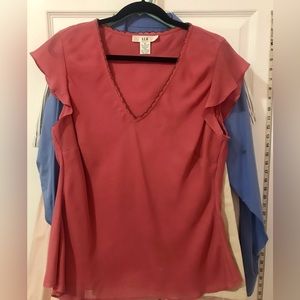 Coral blouse with brown scallop embroidered trim